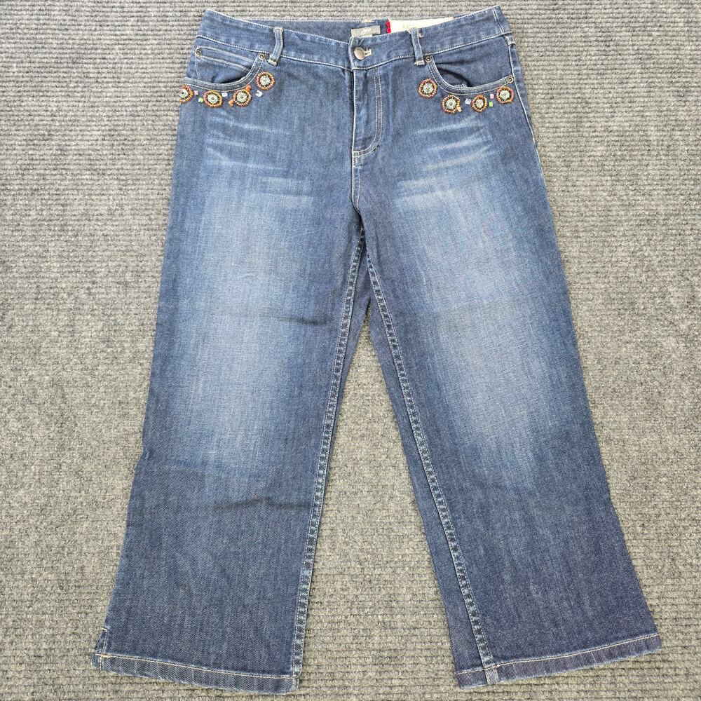 J Jill Jeans Women's 6 Blue Cropped Wide Leg Beaded Stretch Boho 30x22